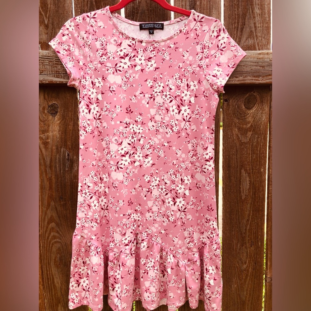 Trixxi Girl Floral Vine Drop Waist Flare Hem Short Sleeve Dress Big Girls Sz 16